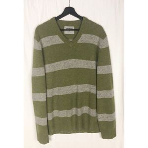Express Mens V Neck Sweater 100% Lambswool Wool Green Gray Pullover Size XL‎